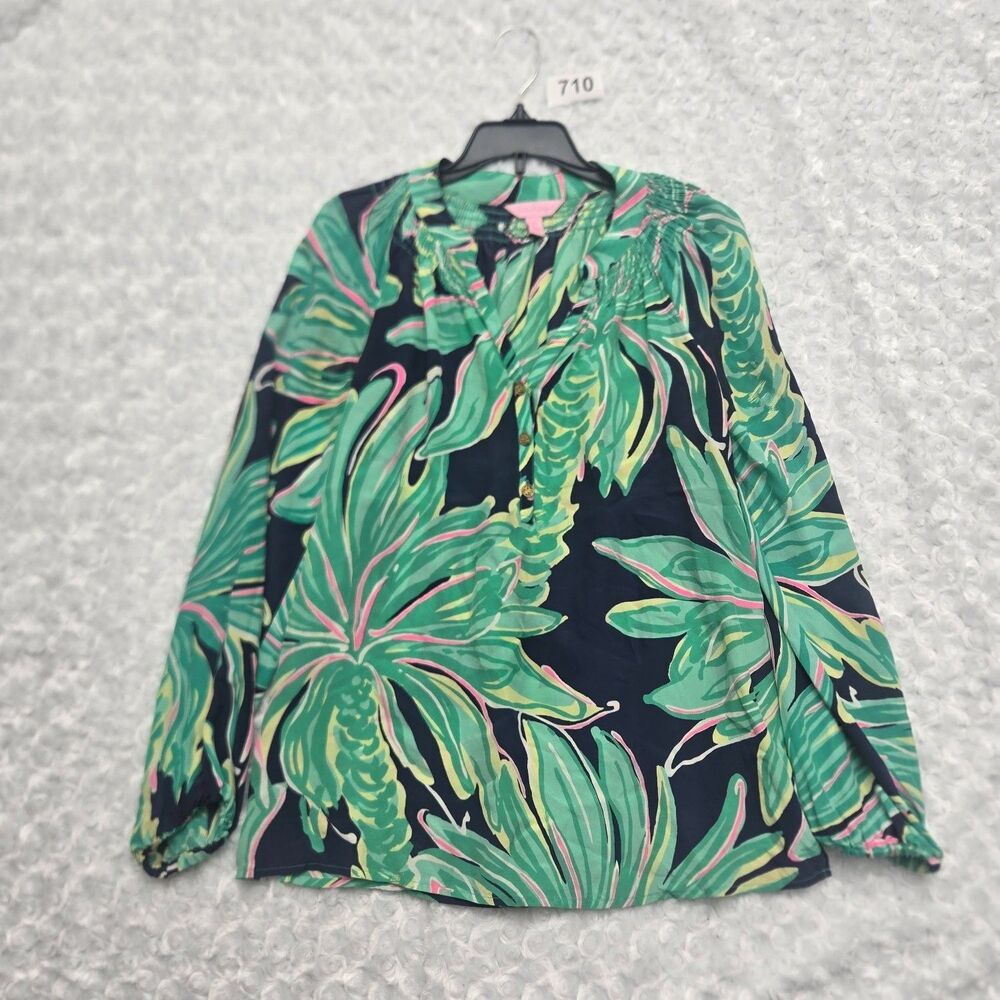 Lilly Pulitzer Blouse Elsa Womens XS Multicolor Tunic V-Neck Long Sleeve Smocked